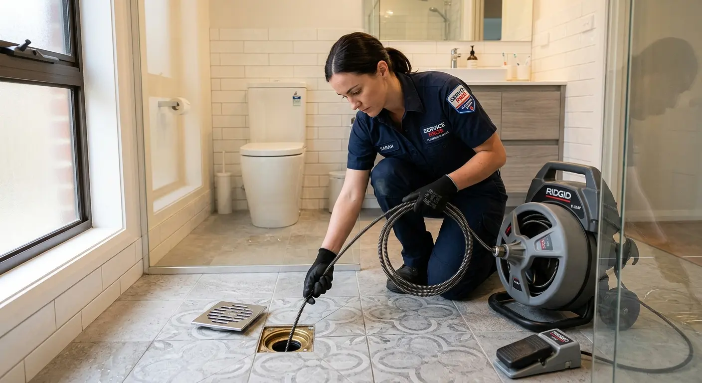 Technician clearing a bathroom floor drain for Sewer Line Installation in Erwin